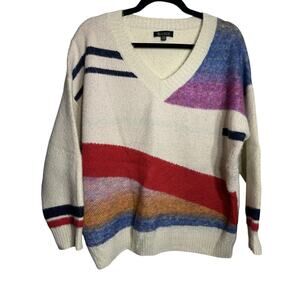 Anthropologie Sweater~2 Sisters~V-neck Artsy Colorful Mohair/Wool Size S/M EUC